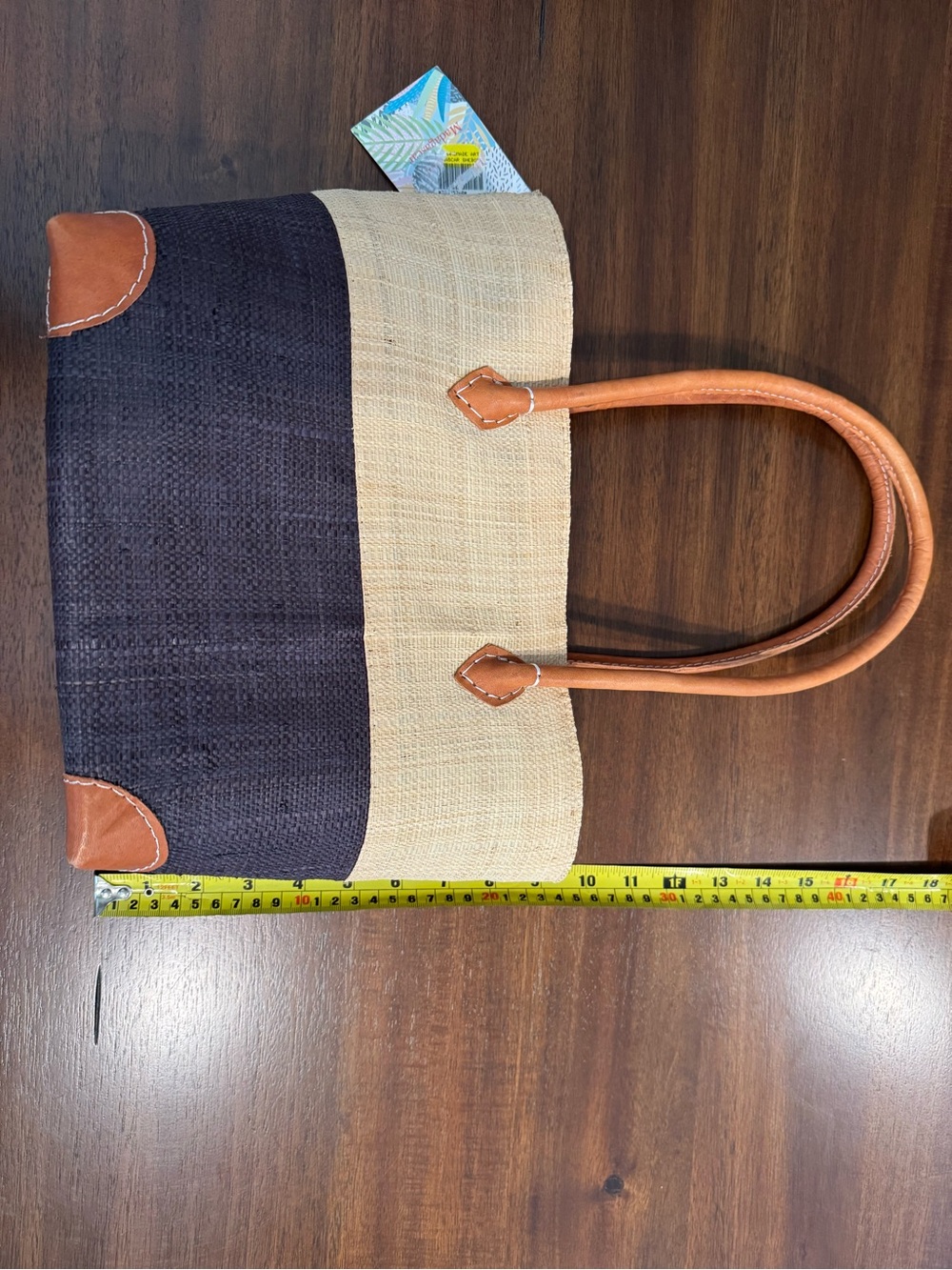 NWT Artisan Handwoven Madagascar Raffia Colorblock Market Tote Leather Trim Bag - Picture 6 of 10
